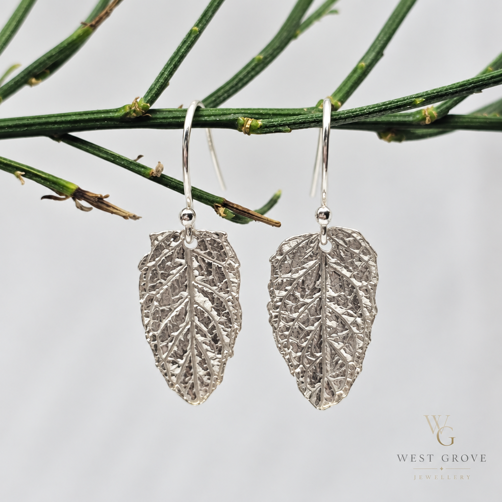 Mint Leaf Fine Silver Drop Earrings