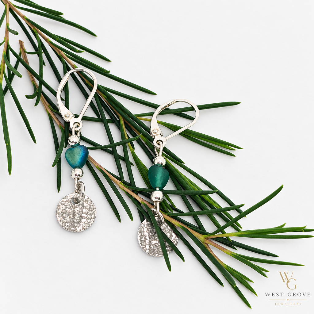 Frosted Heart Bead & Silver Clay Disc Earrings