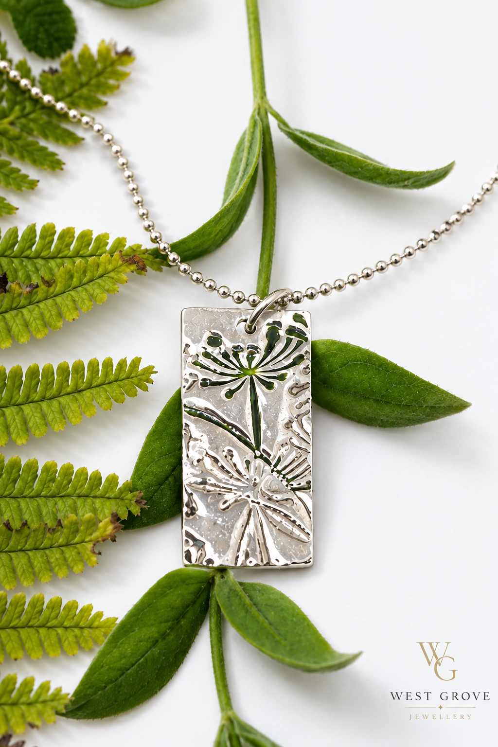 Fine Silver Oblong Dandelion Pendant with Green Enamel