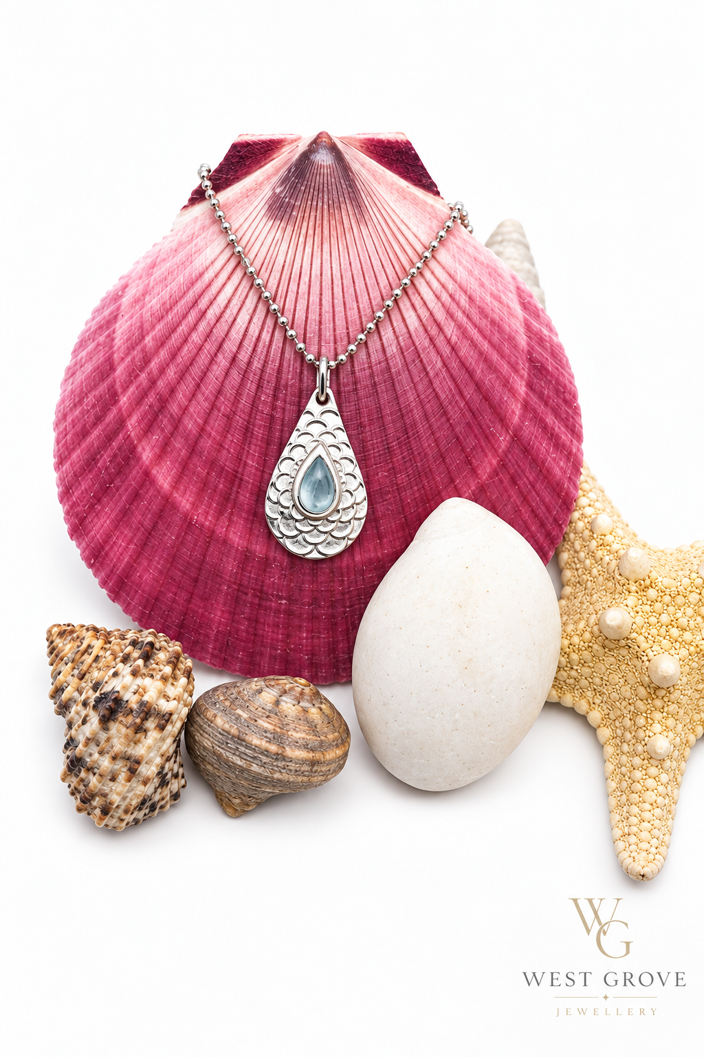 Fine Silver Teardrop Pendant with Aquamarine Cabochon