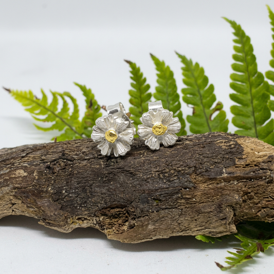 Silver Daisy Stud Earrings with Keum-boo Gold Centres