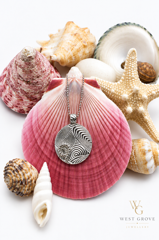 Fine Silver Round Disc Pendant with Flowing Circle Texture & Ammonite style Embellishment