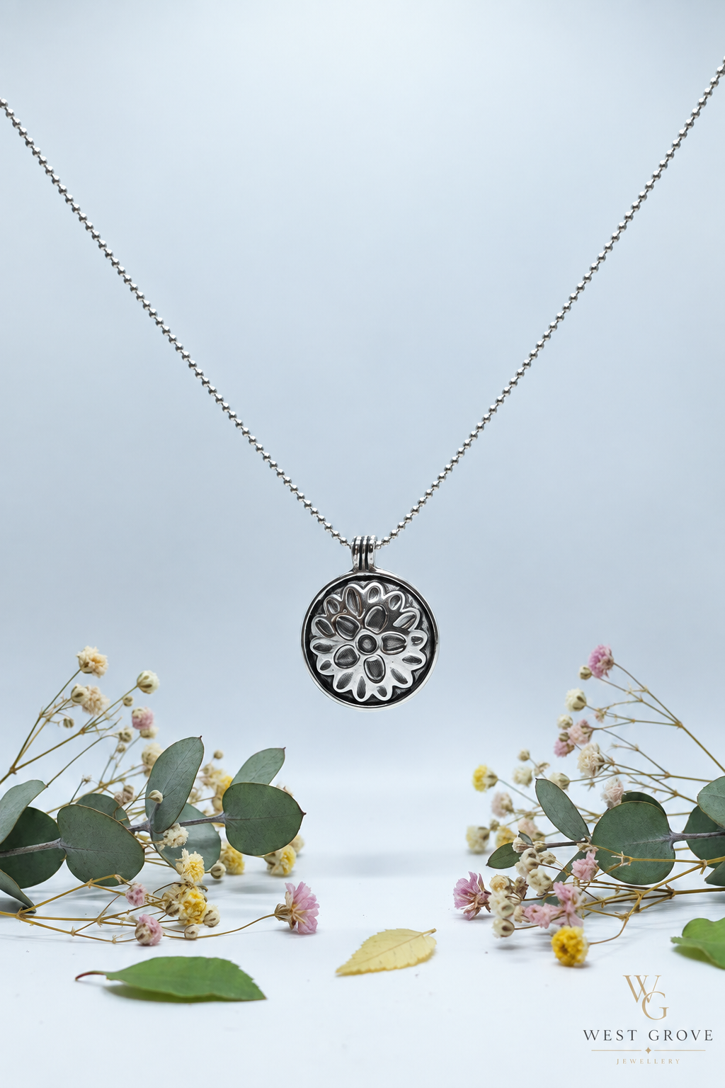 Fine Silver Domed Round Pendant with Leaf Texture