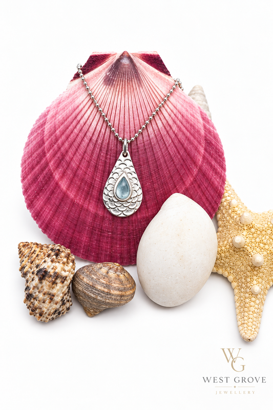 Fine Silver Teardrop Pendant with Aquamarine Cabochon