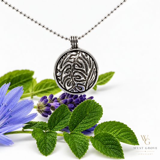 Fine Silver Domed Round Pendant with Leaf Texture
