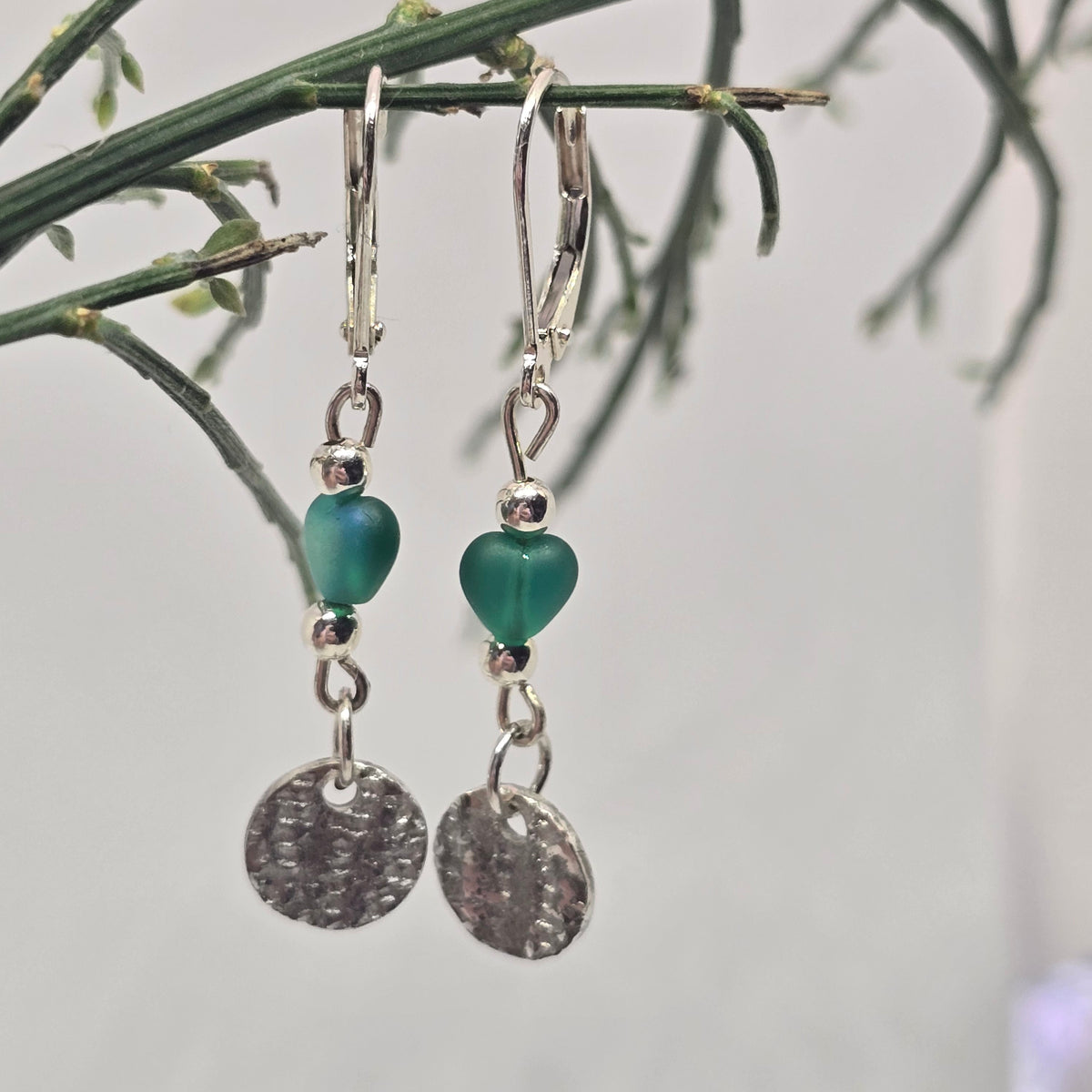 Frosted Heart Bead & Silver Clay Disc Earrings