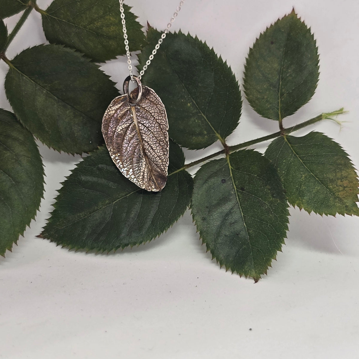 Rose Leaf Silver Clay Pendant Necklace