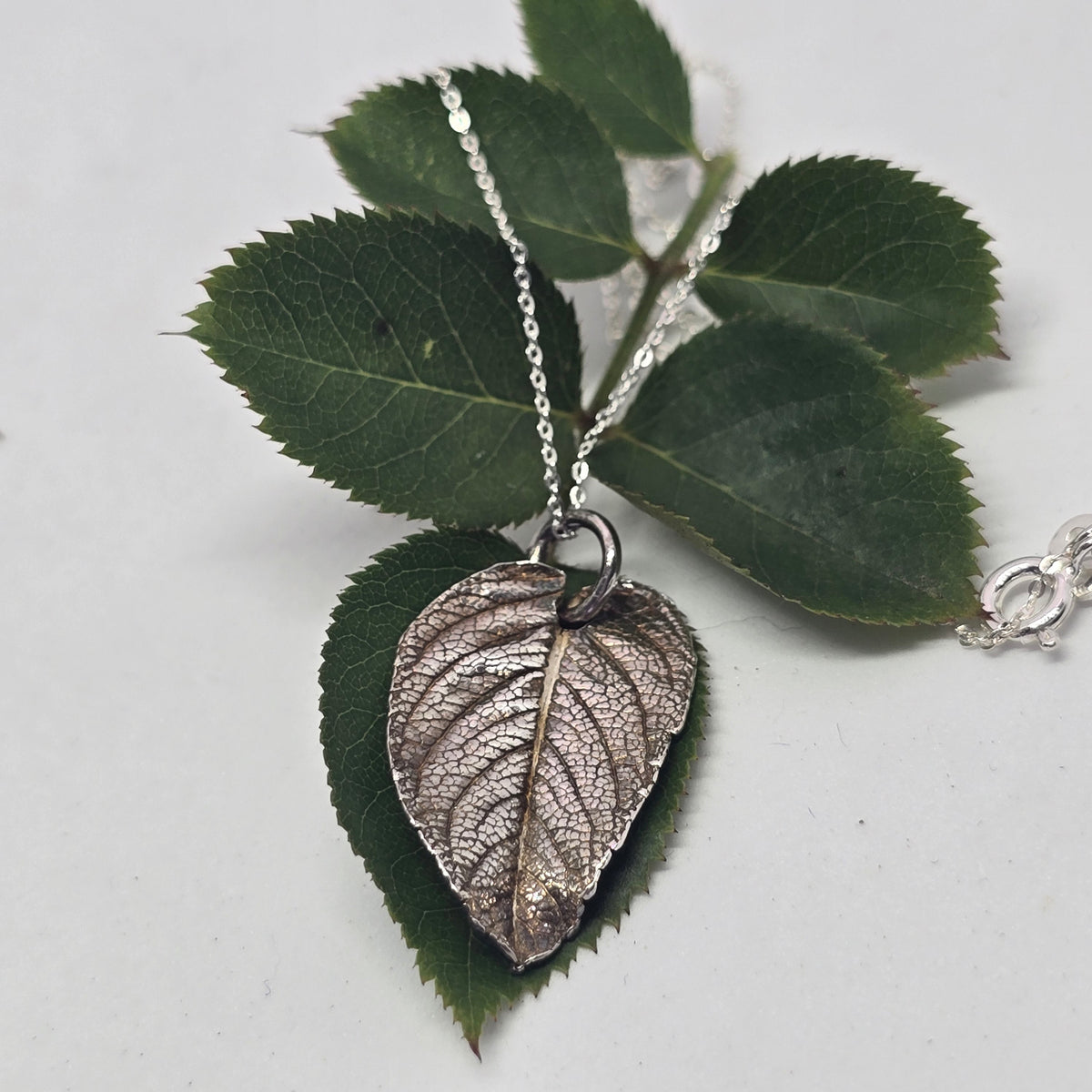 Rose Leaf Silver Clay Pendant Necklace