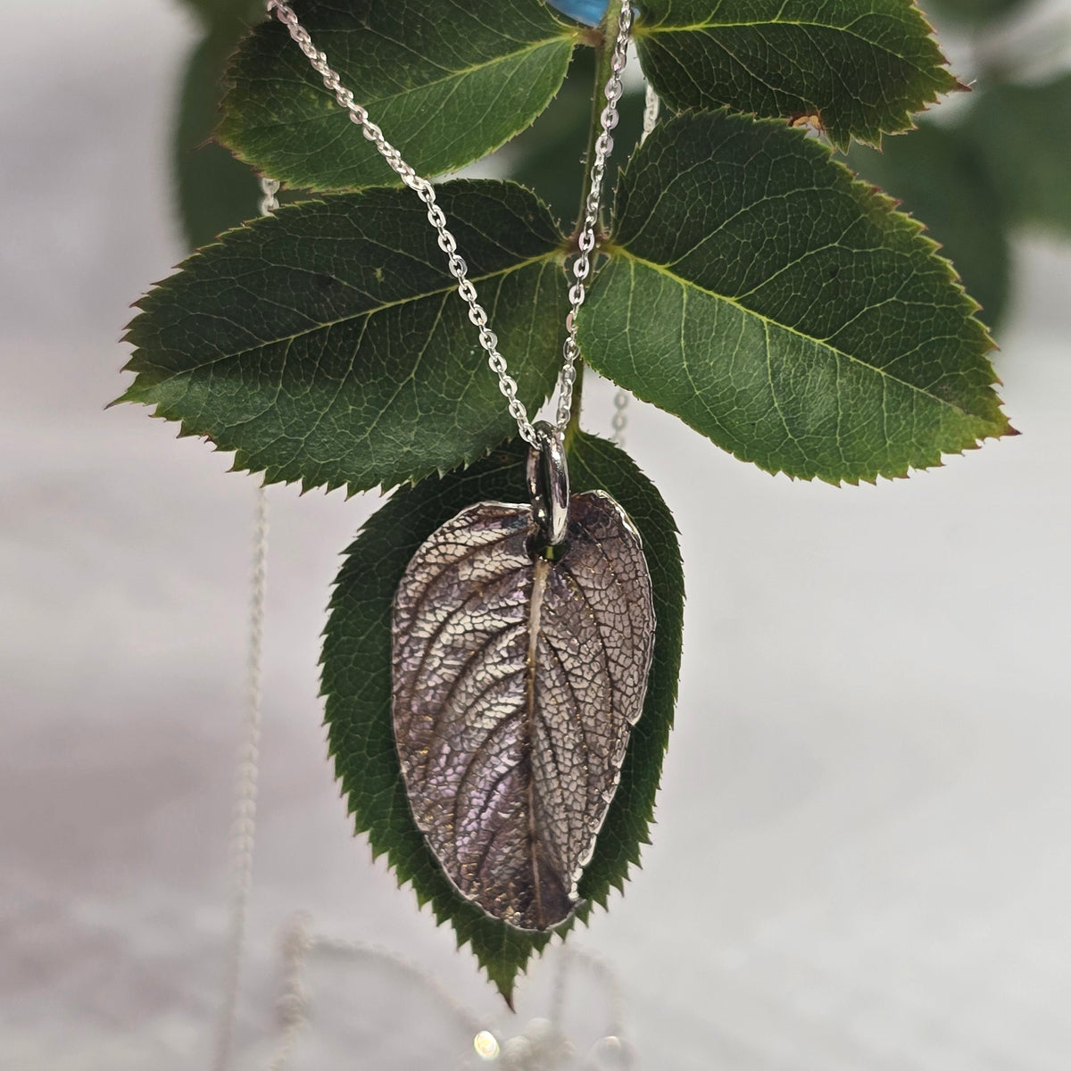 Rose Leaf Silver Clay Pendant Necklace